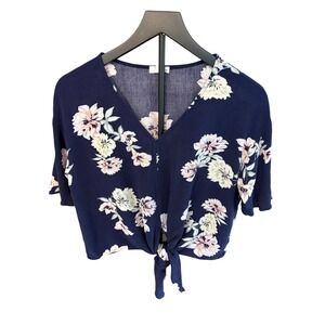 Eyeshadow Navy Floral Tie Front Crop Top V-Neck Short Sleeve Blouse J72247VBFP M